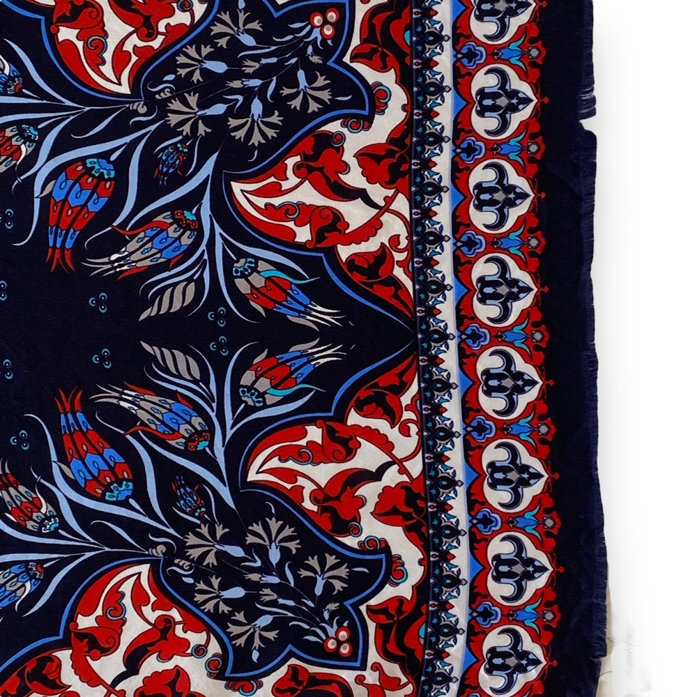 Bursa Ipek 100% Pure Silk Foulard Scarf Turkish Motif Design Red Blue White - Picture 8 of 9